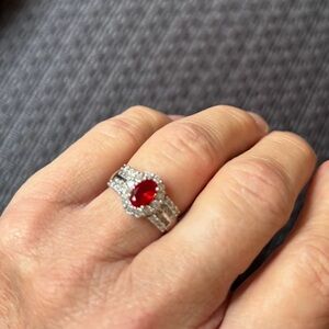 Elegant 925 Silver Ring with Vibrant Red Gemstone surrounded by diamond accents